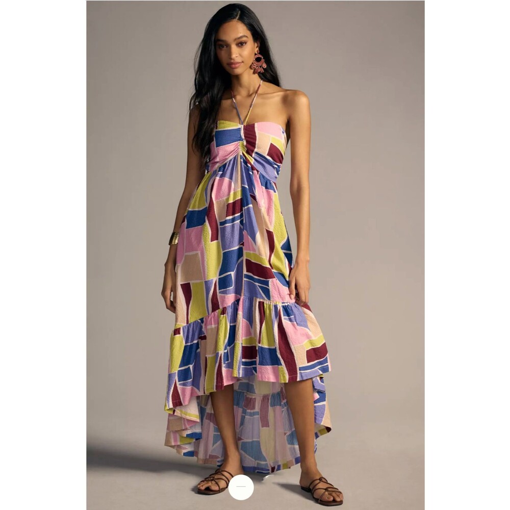 The Odells High Low Halter Maxi Dress Womens S Abstract Cotton Seersucker Anthro